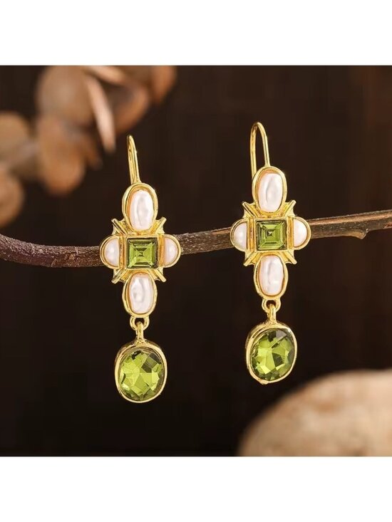 Anthropologie Jewelry - Anthro Asymmetric Green Crystal & Pearl Earrings – Gold Artistic Dangle Design